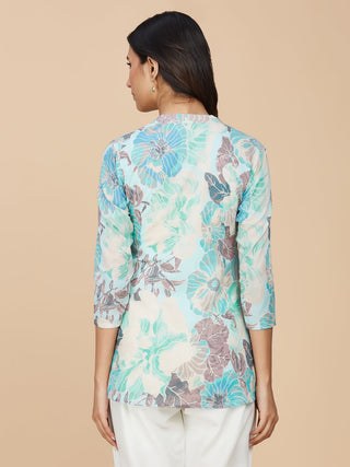 Blue Floral Printed Cotton Mull Top