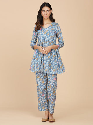 Blue Printed Cotton Mull Co-Ord Set