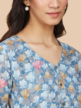 Blue Printed Cotton Mull Co-Ord Set