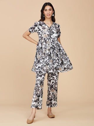 Black Floral Printed Cotton Mull Co-Ord Set