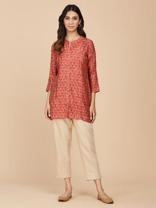 Red Block Printed Chanderi Silk Top