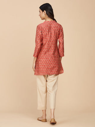 Red Block Printed Chanderi Silk Top
