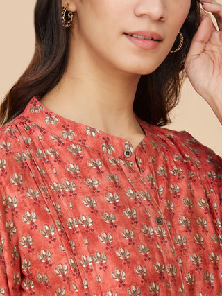 Red Block Printed Chanderi Silk Top