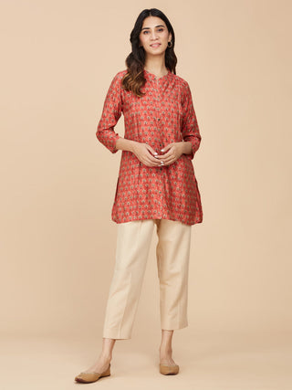 Red Block Printed Chanderi Silk Top