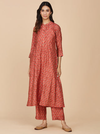 Red Block Printed Chanderi Silk Co-Ord Set