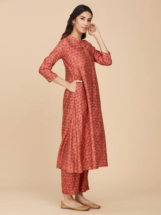 Red Block Printed Chanderi Silk Co-Ord Set