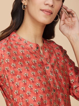 Red Block Printed Chanderi Silk Co-Ord Set