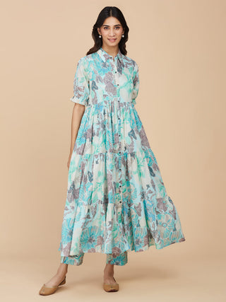 Blue Floral Printed Cotton Mull Long Dress with Pant - Set of 2