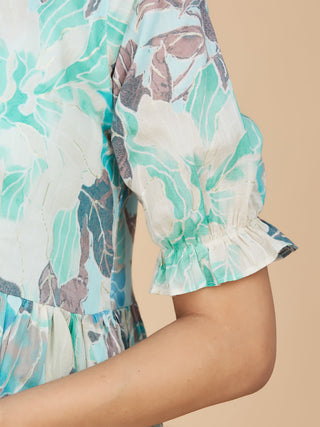 Blue Floral Printed Cotton Mull Long Dress with Pant - Set of 2