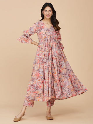 Floral Printed Cotton Mull Dress with Pant- Set of 2