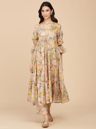 Yellow Printed Cotton Mull A-line Dress with Pant- Set of 2