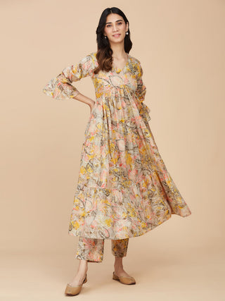 Yellow Printed Cotton Mull A-line Dress with Pant- Set of 2