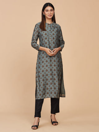 Green Printed Viscose Chanderi Silk Straight Kurta