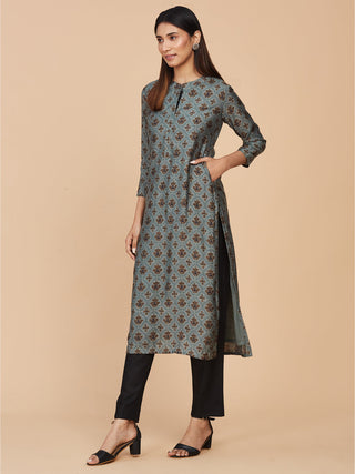 Green Printed Viscose Chanderi Silk Straight Kurta
