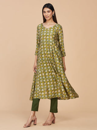Green Printed Chanderi Silk A-line Kurta