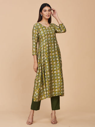 Green Printed Chanderi Silk A-line Kurta