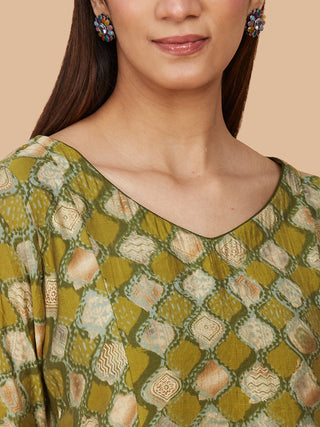 Green Printed Chanderi Silk A-line Kurta