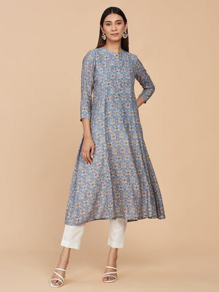 Blue Printed Chanderi Silk Long A-line Kurta