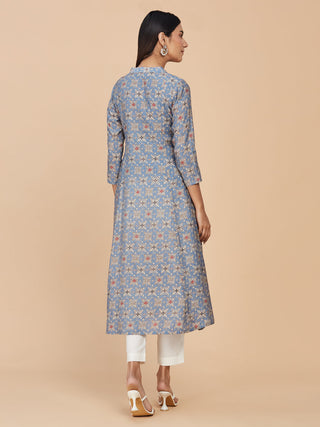 Blue Printed Chanderi Silk Long A-line Kurta