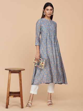 Blue Printed Chanderi Silk Long A-line Kurta