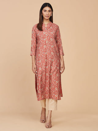 Brick Red Printed Chanderi Silk Straight Long Kurta