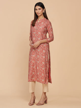 Brick Red Printed Chanderi Silk Straight Long Kurta