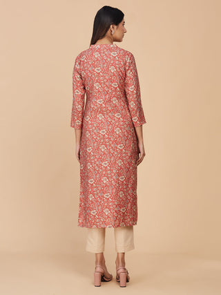 Brick Red Printed Chanderi Silk Straight Long Kurta