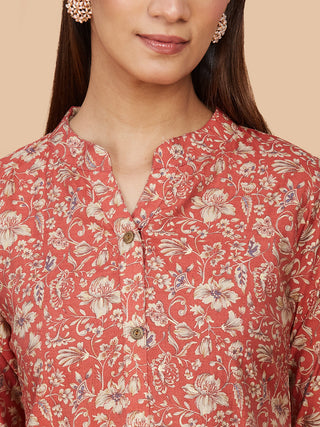 Brick Red Printed Chanderi Silk Straight Long Kurta