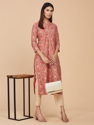 Brick Red Printed Chanderi Silk Straight Long Kurta