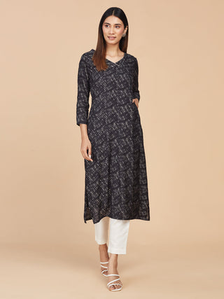 Black Printed Pure Chanderi Silk Straight Long Kurta