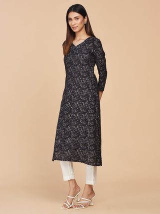Black Printed Pure Chanderi Silk Straight Long Kurta