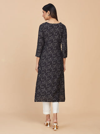 Black Printed Pure Chanderi Silk Straight Long Kurta