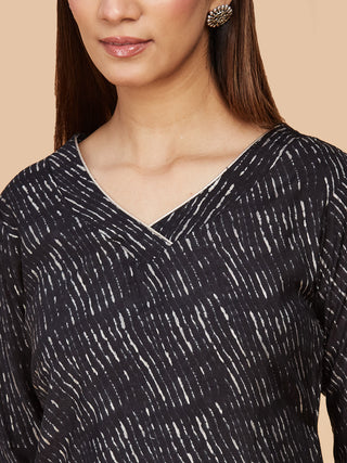 Black Printed Pure Chanderi Silk Straight Long Kurta