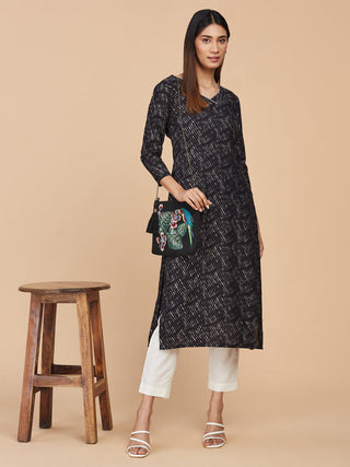 Black Printed Pure Chanderi Silk Straight Long Kurta
