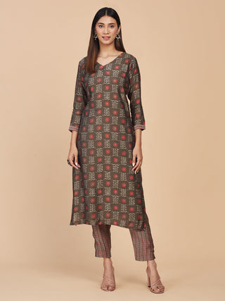 Brown Printed Pure Chanderi Silk Straight Kurta Pant Set - Set of 2