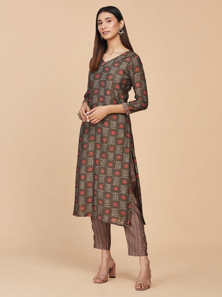 Brown Printed Pure Chanderi Silk Straight Kurta Pant Set - Set of 2
