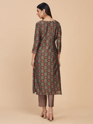 Brown Printed Pure Chanderi Silk Straight Kurta Pant Set - Set of 2