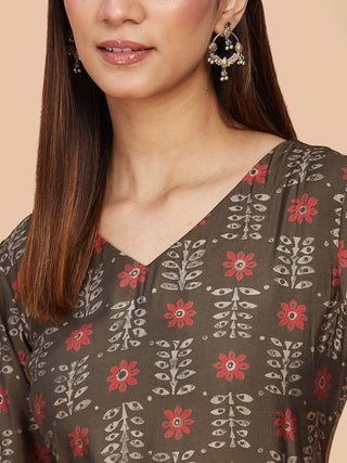 Brown Printed Pure Chanderi Silk Straight Kurta Pant Set - Set of 2