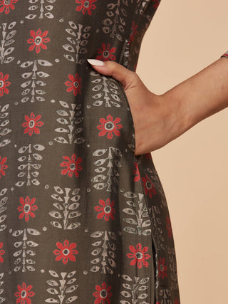 Brown Printed Pure Chanderi Silk Straight Kurta Pant Set - Set of 2