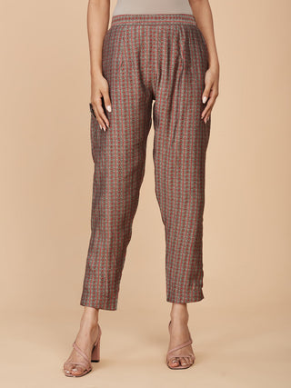 Brown Printed Pure Chanderi Silk Straight Kurta Pant Set - Set of 2