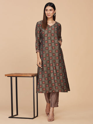 Brown Printed Pure Chanderi Silk Straight Kurta Pant Set - Set of 2