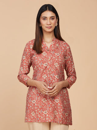 Brick Red Printed Pure Chanderi Silk Top
