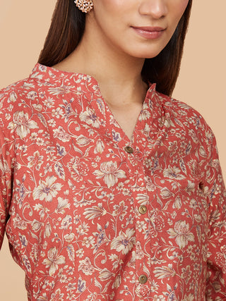 Brick Red Printed Pure Chanderi Silk Top