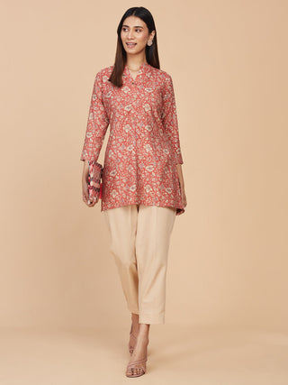 Brick Red Printed Pure Chanderi Silk Top