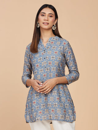 Blue Printed Pure Chanderi Silk Top