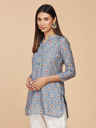 Blue Printed Pure Chanderi Silk Top