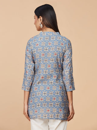 Blue Printed Pure Chanderi Silk Top
