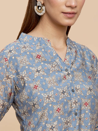 Blue Printed Pure Chanderi Silk Top