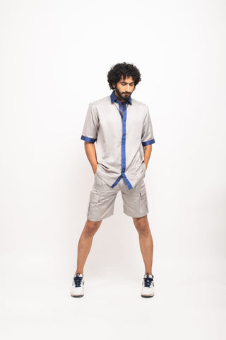 Grey-Blue Collar Colorblocked Shirt by WearVega.