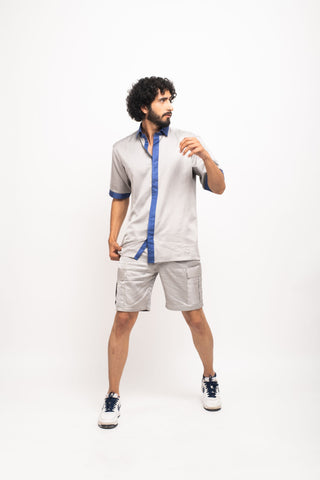 Grey-Blue Collar Colorblocked Shirt by WearVega.